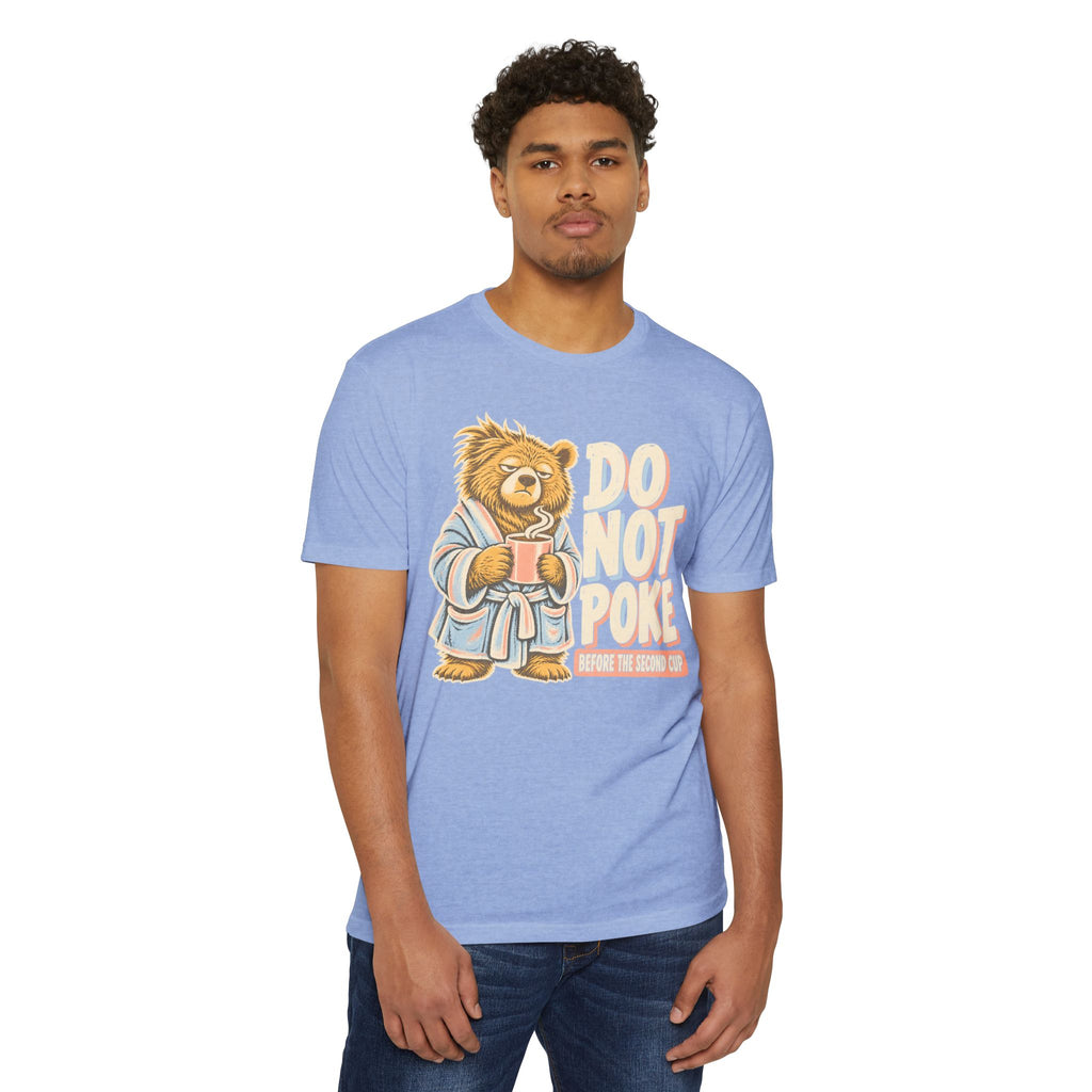 Light blue t-shirt with grumpy bear holding a cup and “DO NOT POKE” graphic on front.