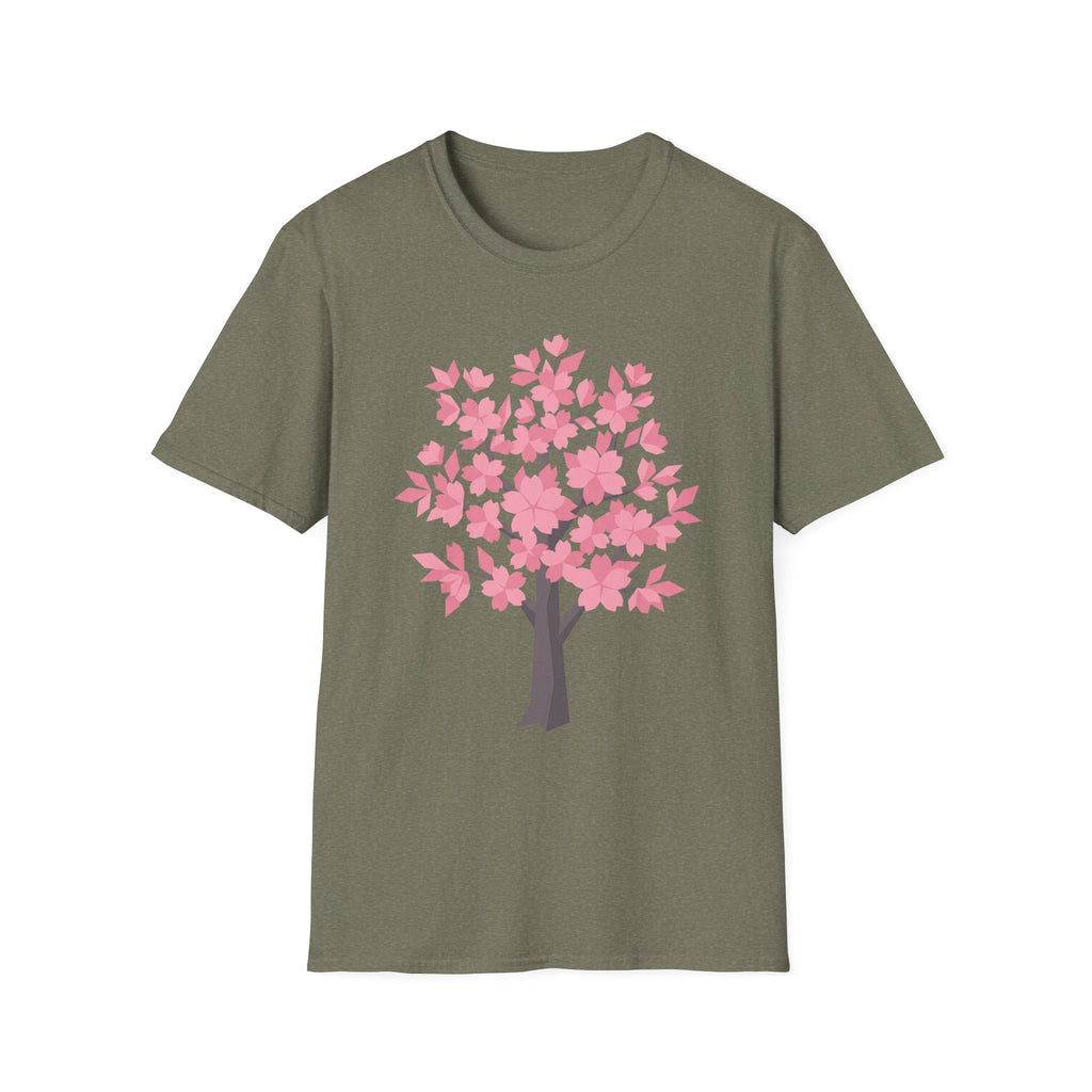 Cherry blossom tree T-shirt, pink floral design on olive green front