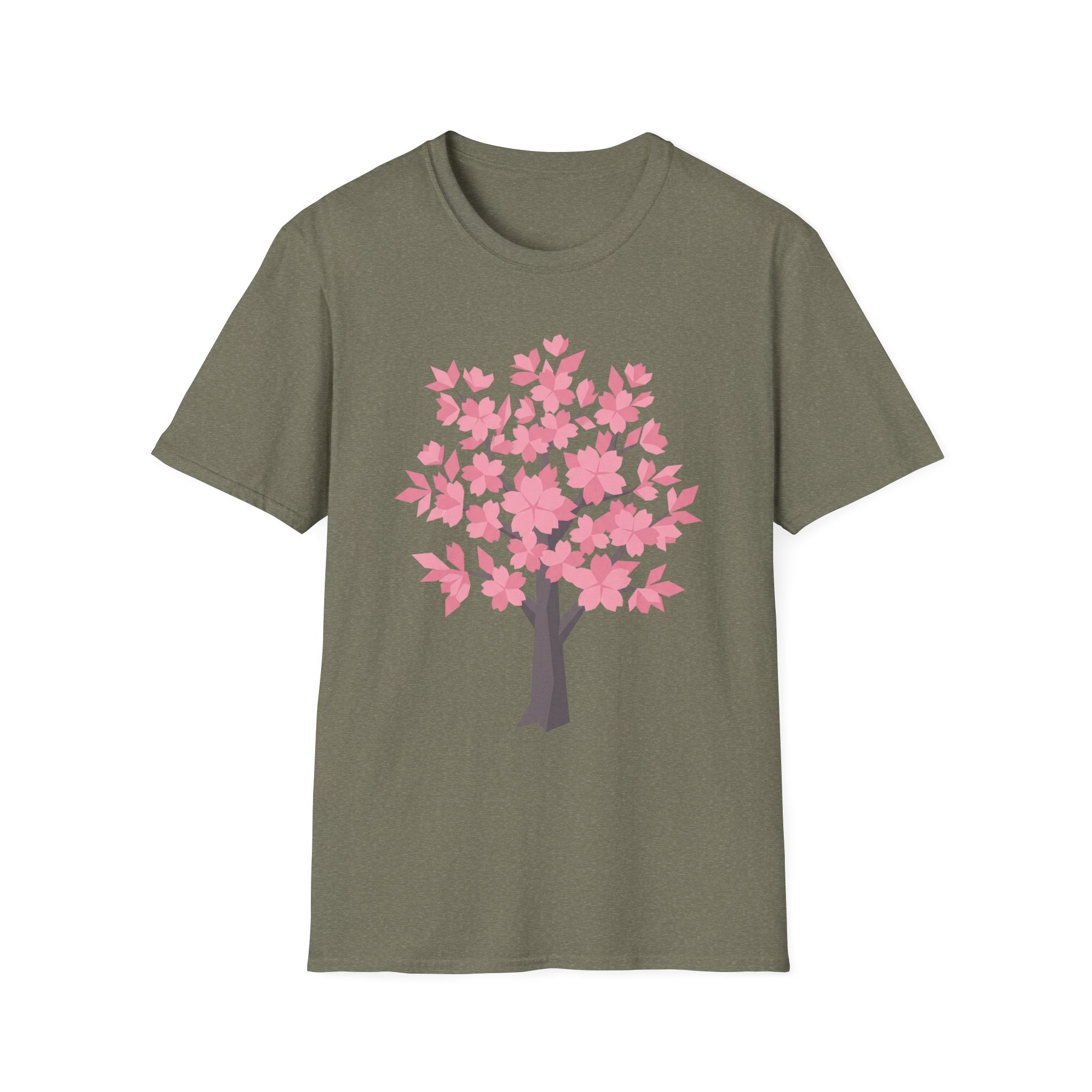 Cherry blossom tree T-shirt, pink floral design on olive green front