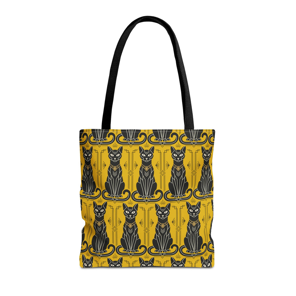 Tote bag with repeating cat silhouettes in blue and black on yellow, black handles.
