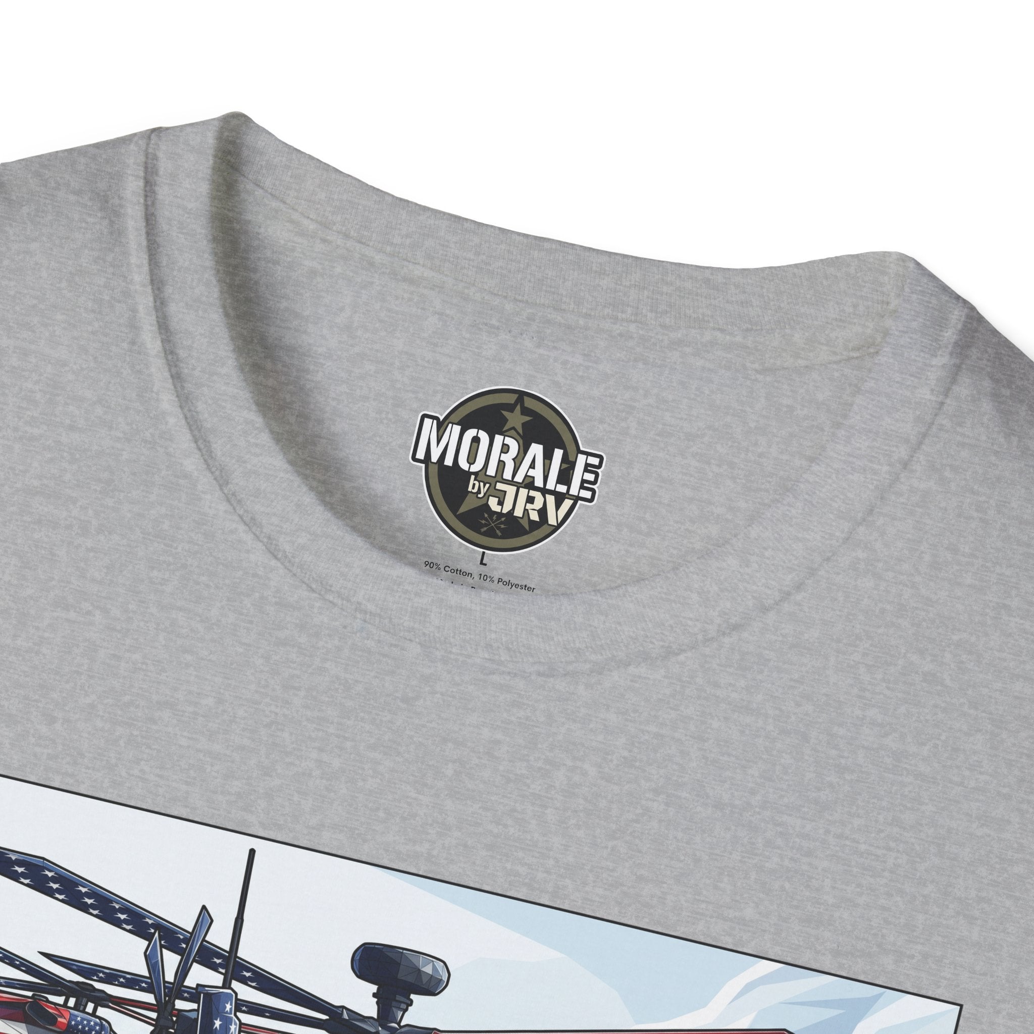 Heather gray T-shirt neckline with MORAL MARTI logo patch