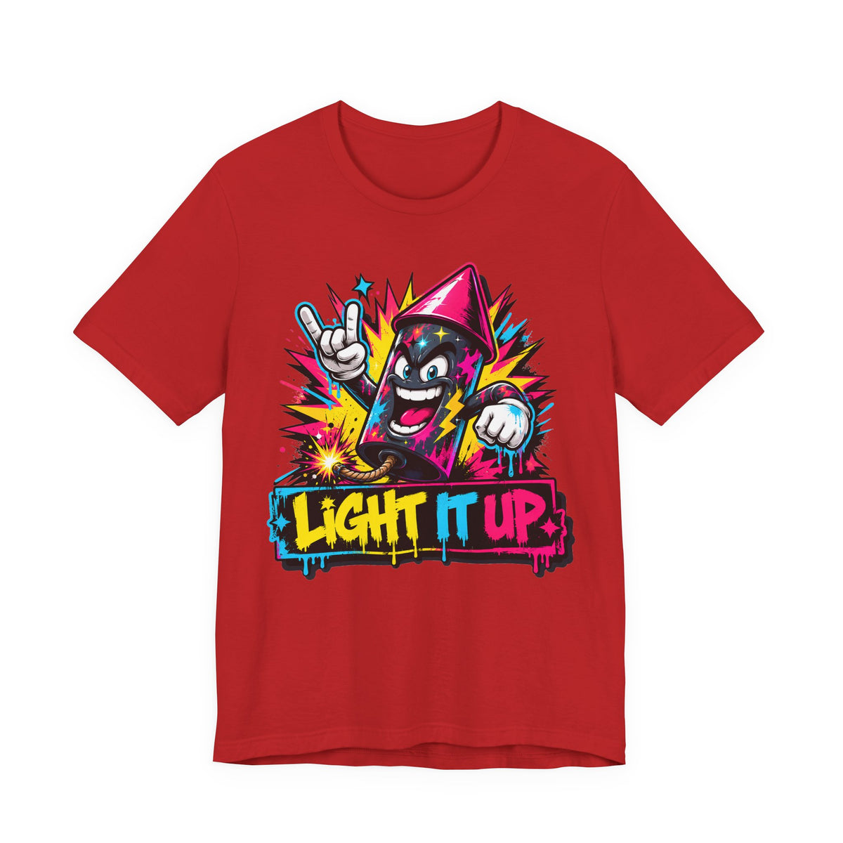 Red T-shirt with colorful graffiti character “Light It Up” graphic on front.