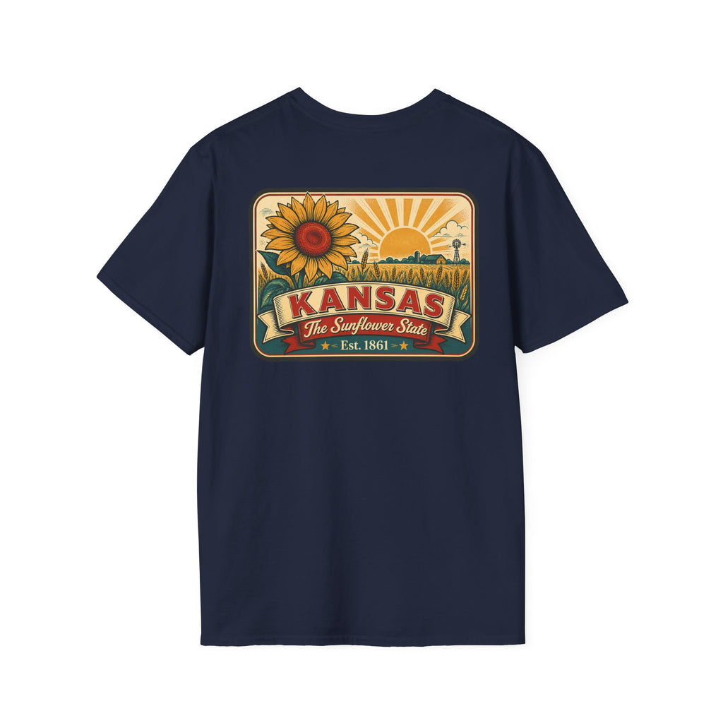Kansas sunflower badge graphic T-shirt, navy, crew neck short sleeves