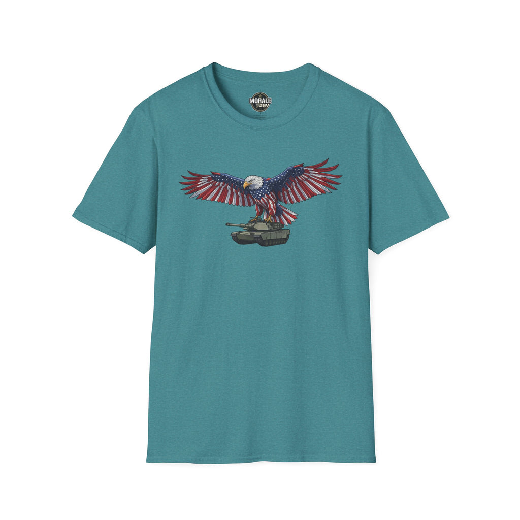 Teal T-shirt with patriotic bald eagle soaring above M1 Abrams tank graphic