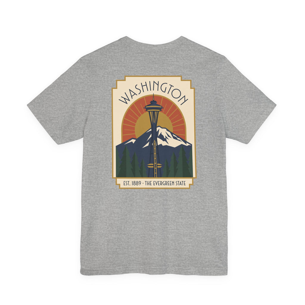Heather gray t-shirt with Washington Space Needle art deco graphic on front
