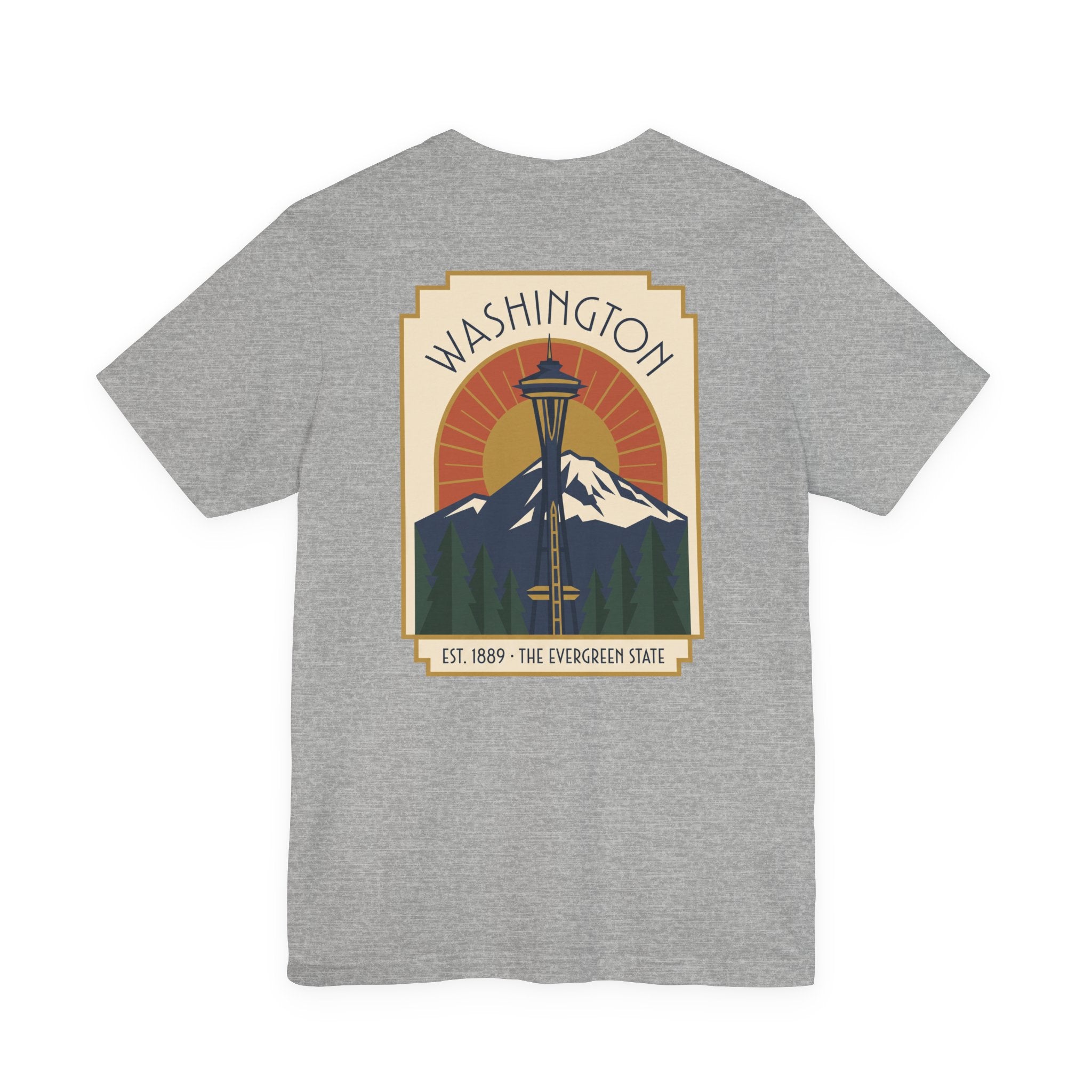 Heather gray t-shirt with Washington Space Needle art deco graphic on front