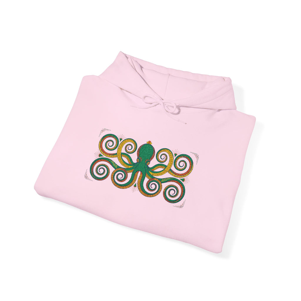 Light pink hoodie with colorful octopus spiral front graphic