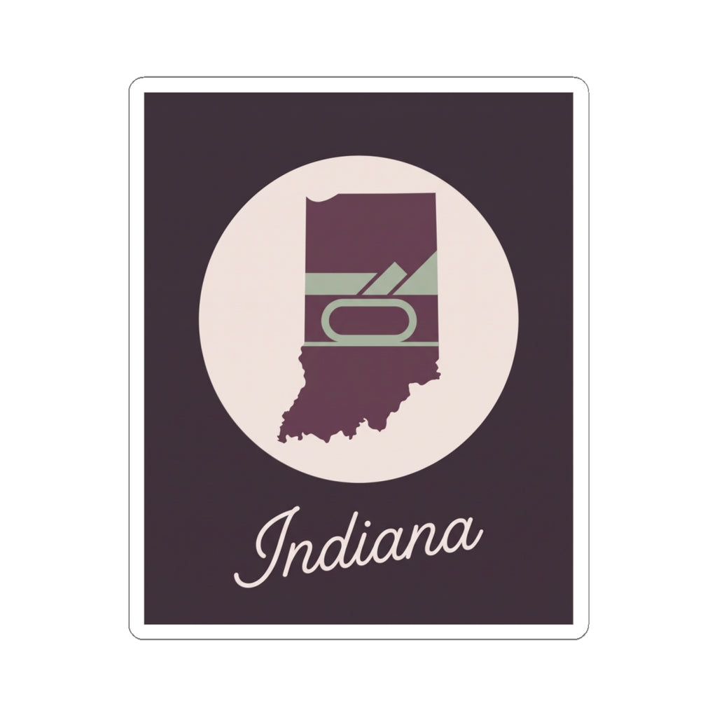 Square kiss-cut vinyl decal: Indiana silhouette inside a white circle with “Indiana” lettering