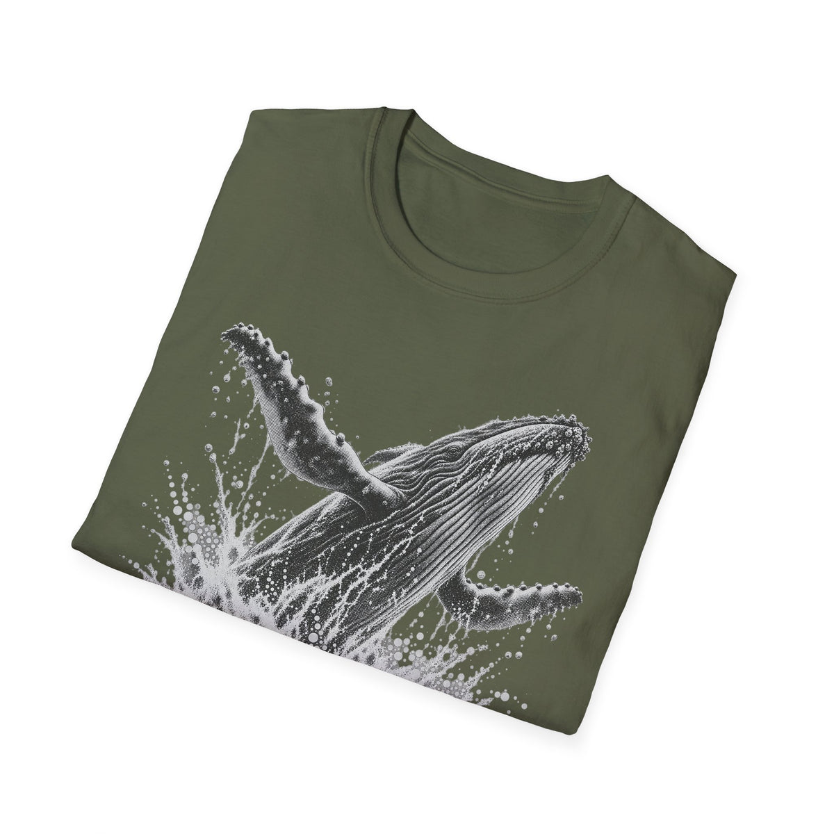 Military green T-shirt with gray breaching humpback whale and splash graphic