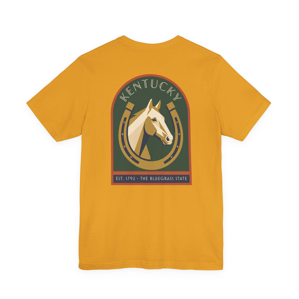 Mustard yellow T-shirt with Kentucky horse crest graphic