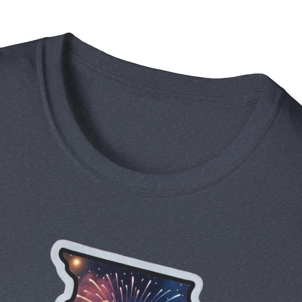 Dark heather T-shirt neckline with partial fireworks graphic