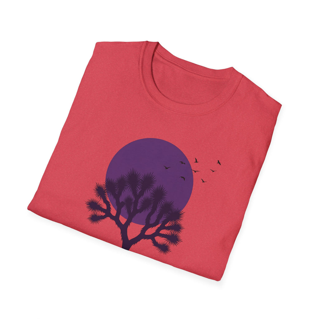 Pink-red T-shirt with Joshua tree silhouette under a large moon graphic