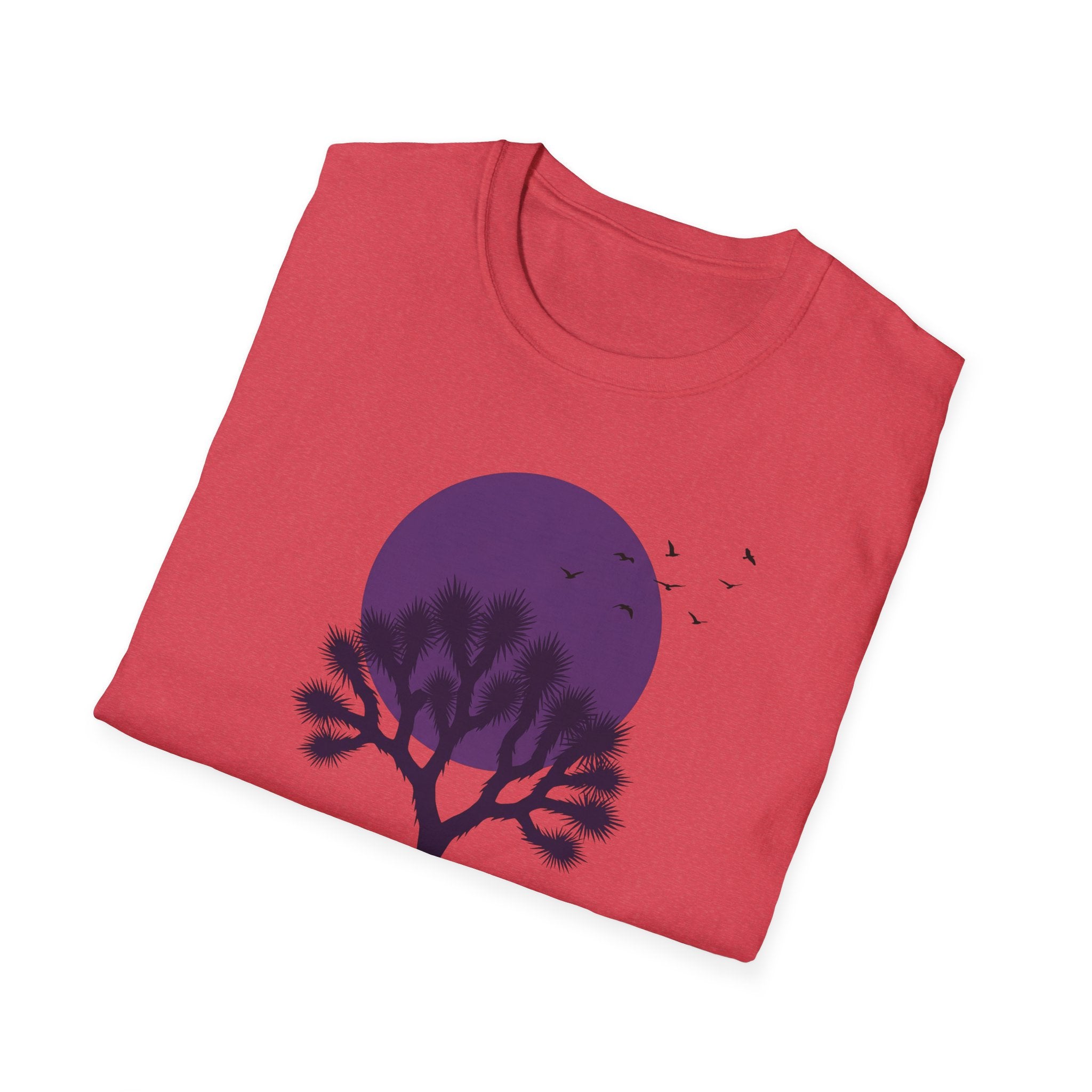 Pink-red T-shirt with Joshua tree silhouette under a large moon graphic