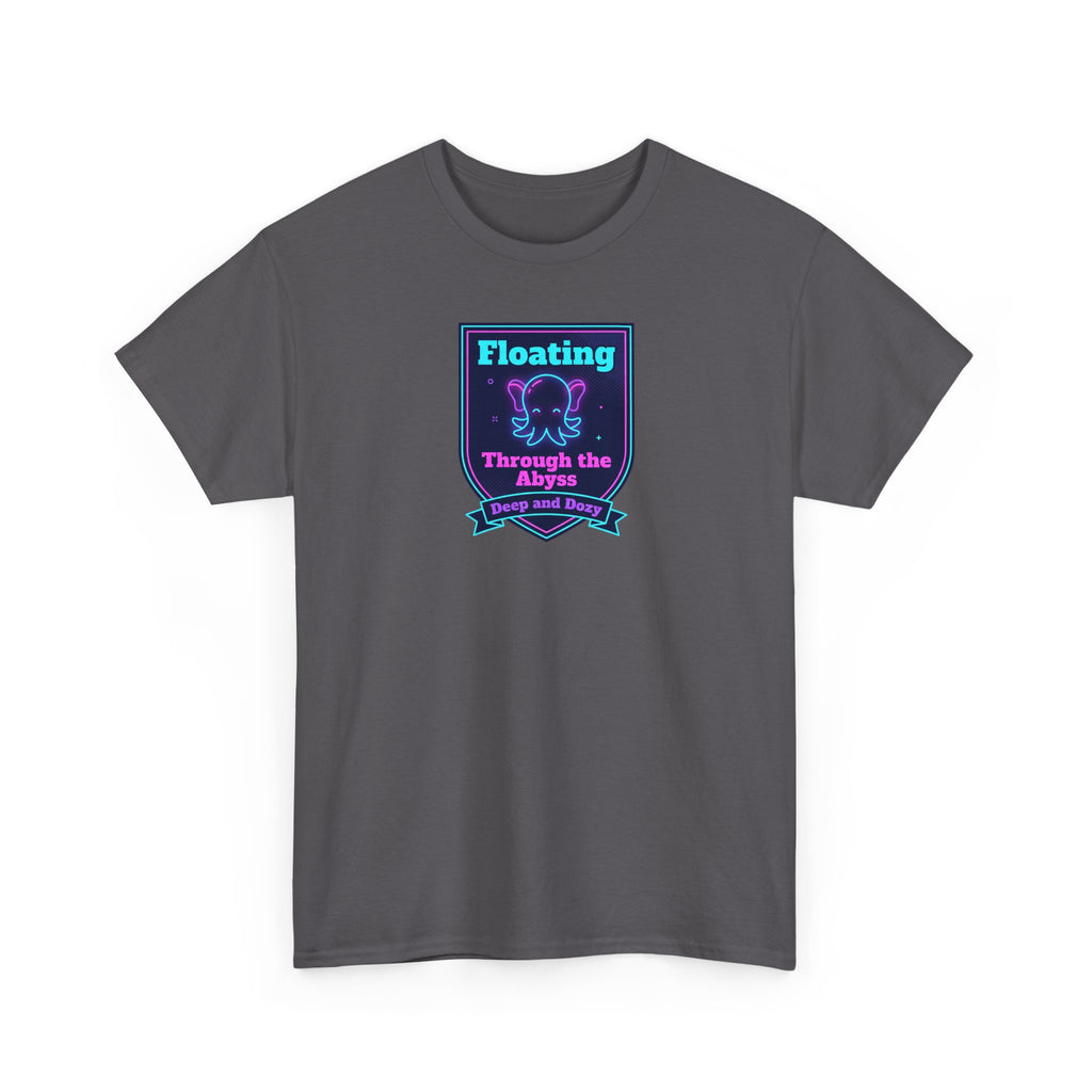 Charcoal crewneck T-shirt with short sleeves and square “Floating Through the Abyss” graphic