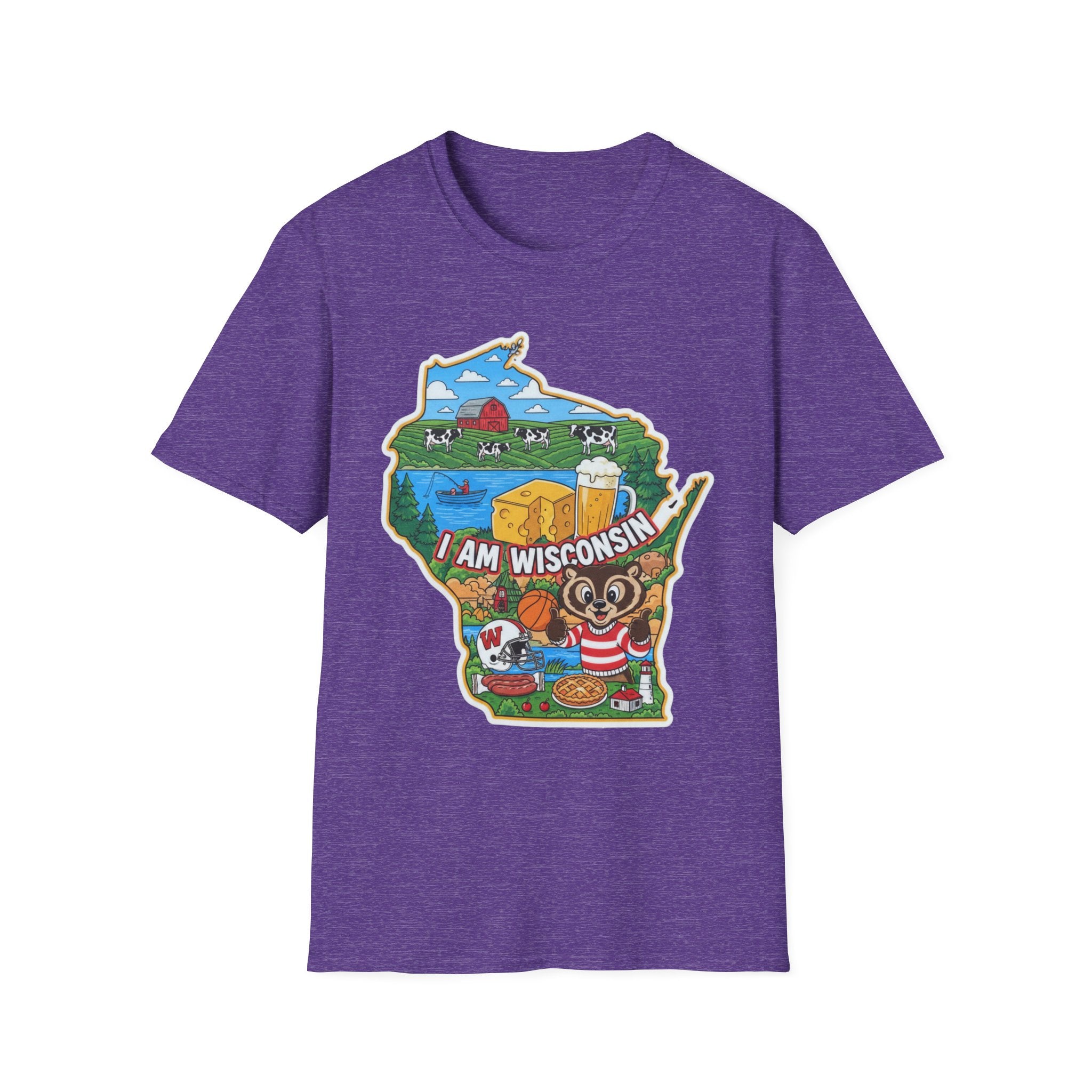 Heather Purple T-shirt with Wisconsin map graphic and I am Wisconsin wording