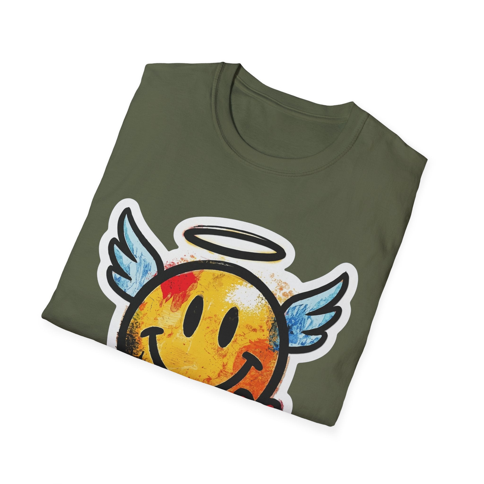 Graffiti Angel Smiley T-Shirt (Military Green): Smiley-Print mit Engelsflügeln