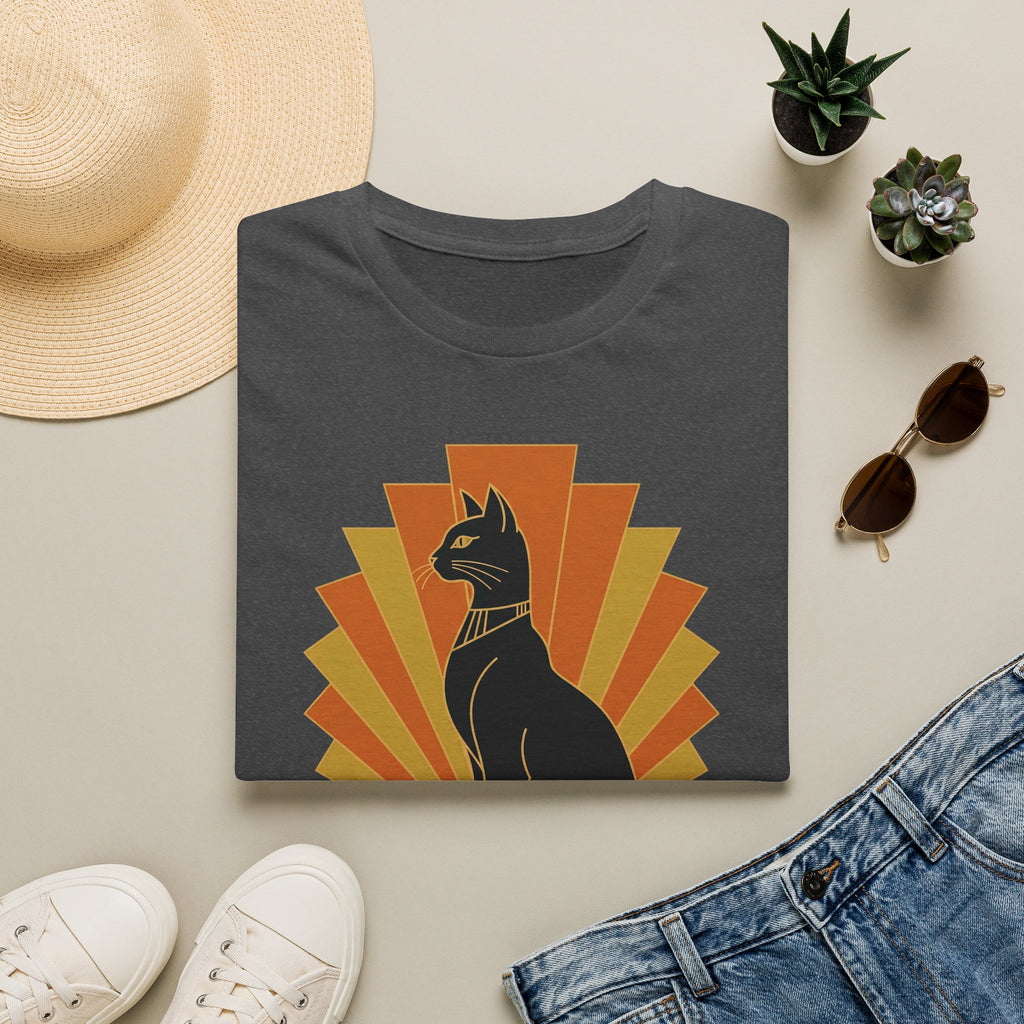 Charcoal gray T-shirt with black Egyptian cat headdress, orange sunburst graphic.