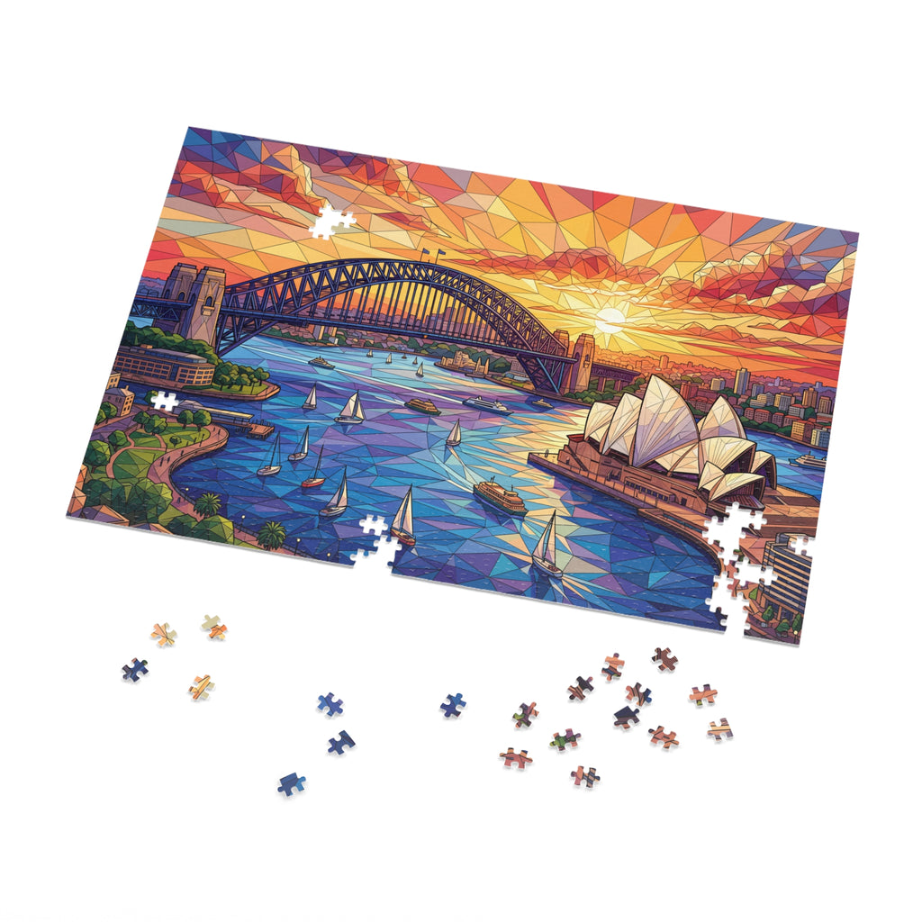 Jigsaw puzzle artwork with a few pieces nearby, showing harbor bridge and sailboats