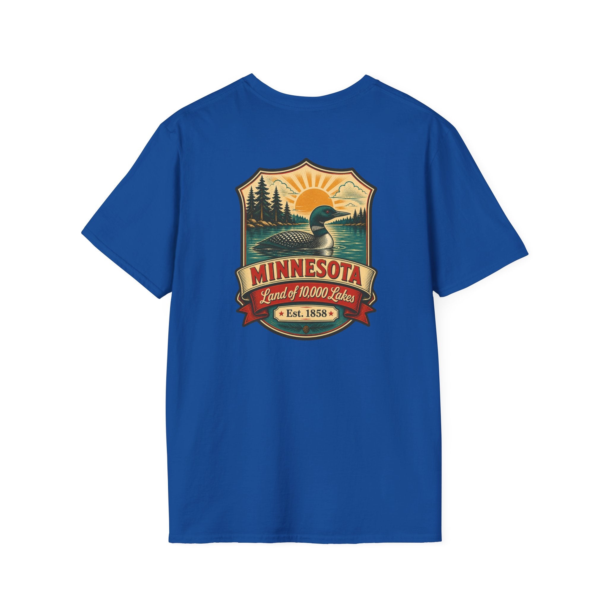 Royal blue T-shirt with Minnesota retro lake badge graphic at chest
