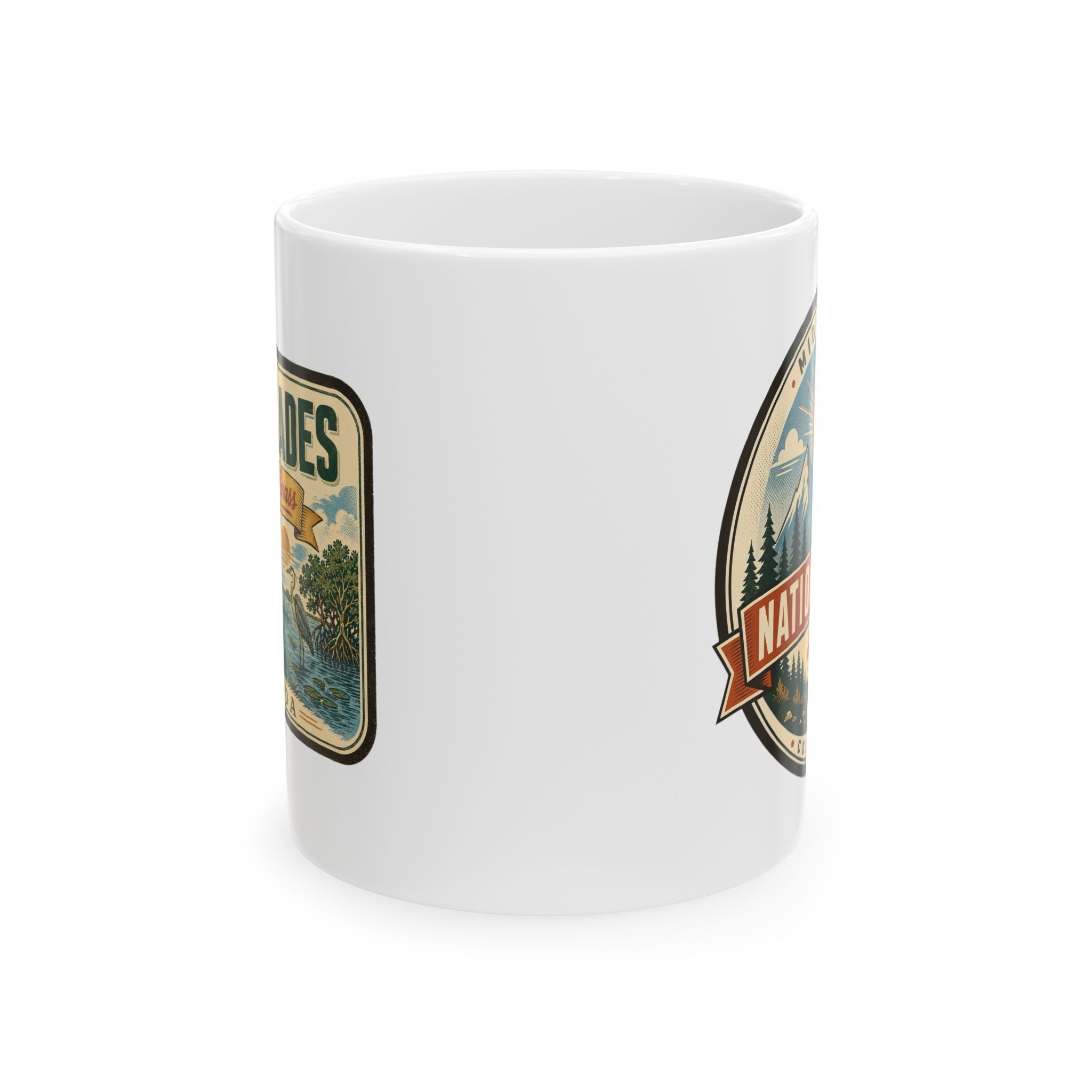White ceramic mug with Everglades River of Grass badge on side
