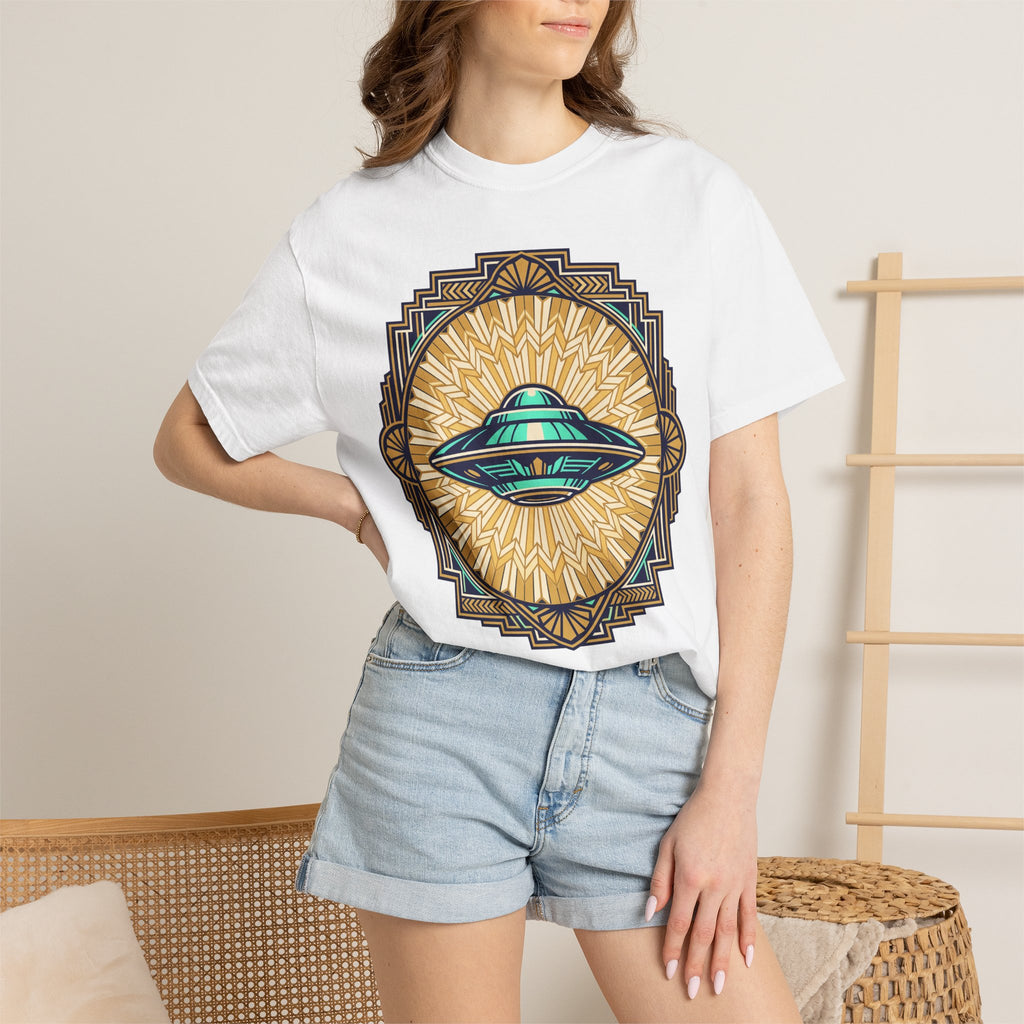 White crew-neck t-shirt with retro UFO graphic in gold, blue, and teal on front.