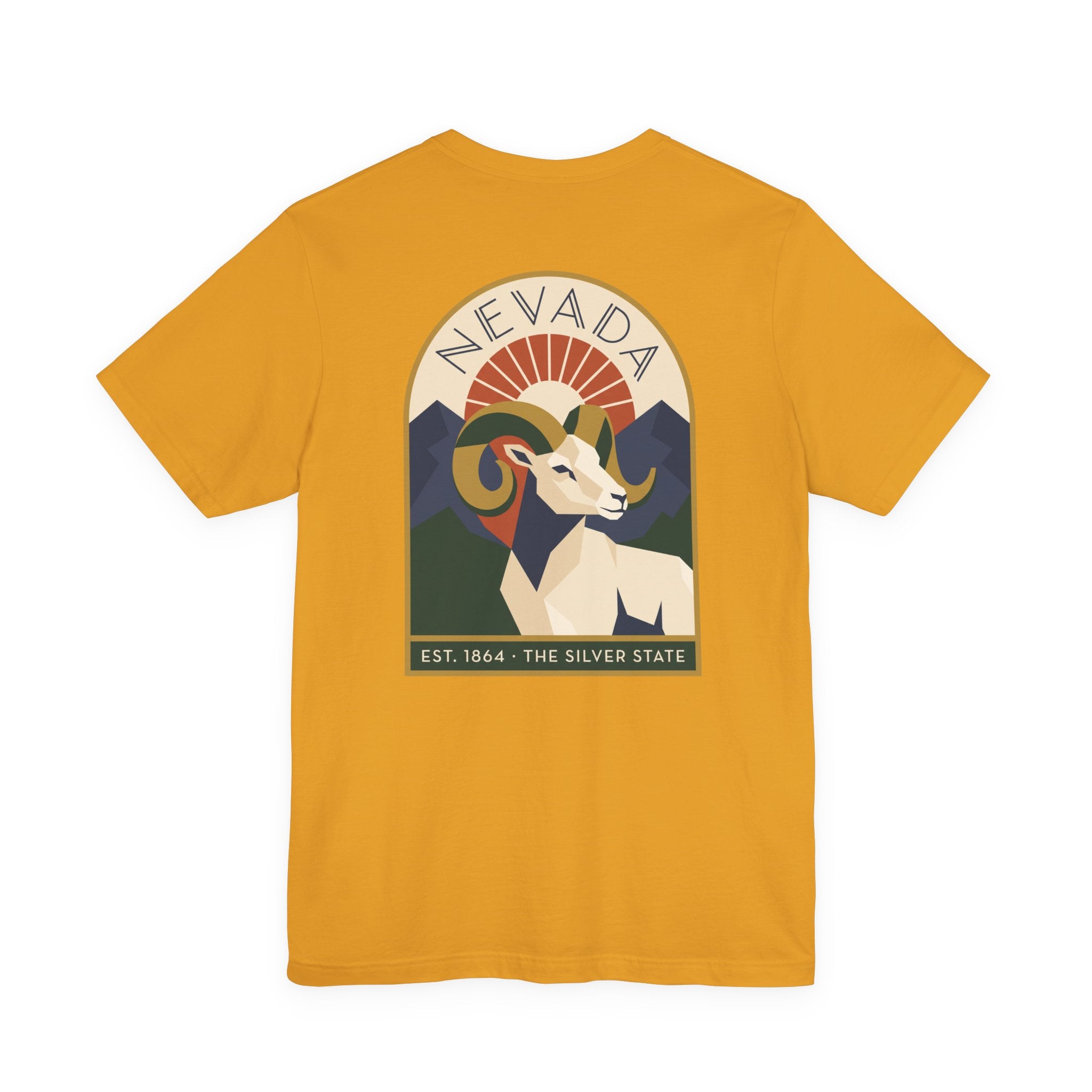 Nevada bighorn sheep art deco T-shirt, mustard gold with retro circular chest graphic