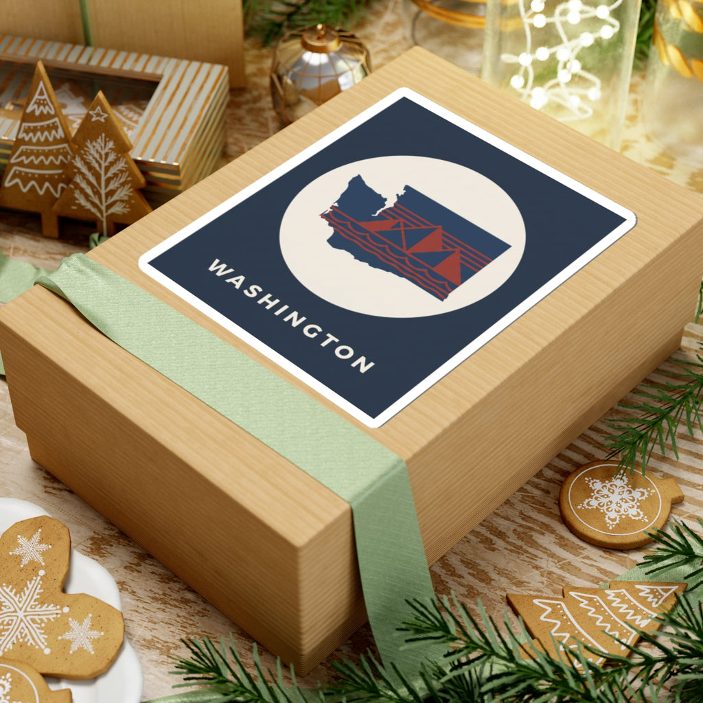 Washington graphic sticker on gift, navy square with cream circle, state map, red bridge, WASHINGTON