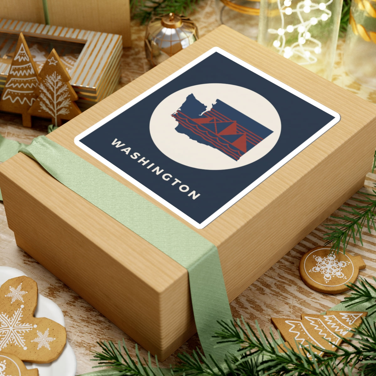 Washington graphic sticker on gift, navy square with cream circle, state map, red bridge, WASHINGTON