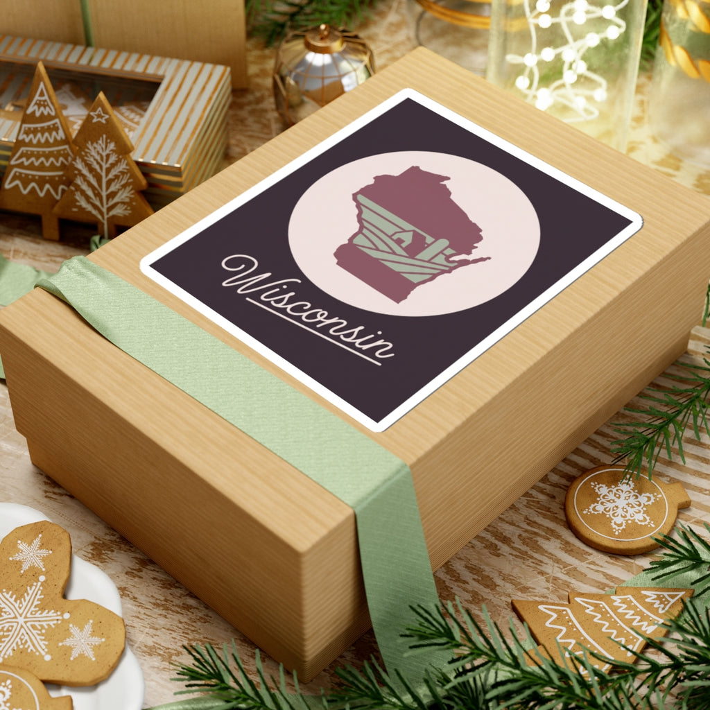 Wisconsin sticker decal on wrapped present: maroon state map with “Wisconsin” script