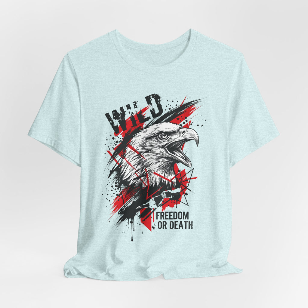 Light blue T-shirt with eagle head graphic and red splatter text "Freedom or Death"