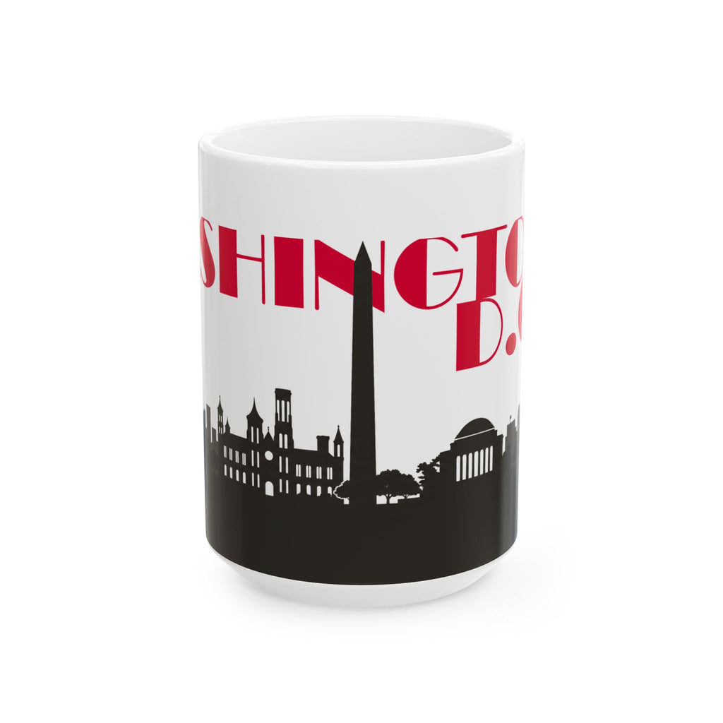 White ceramic mug with red 'D.C.' text and black D.C. skyline silhouette