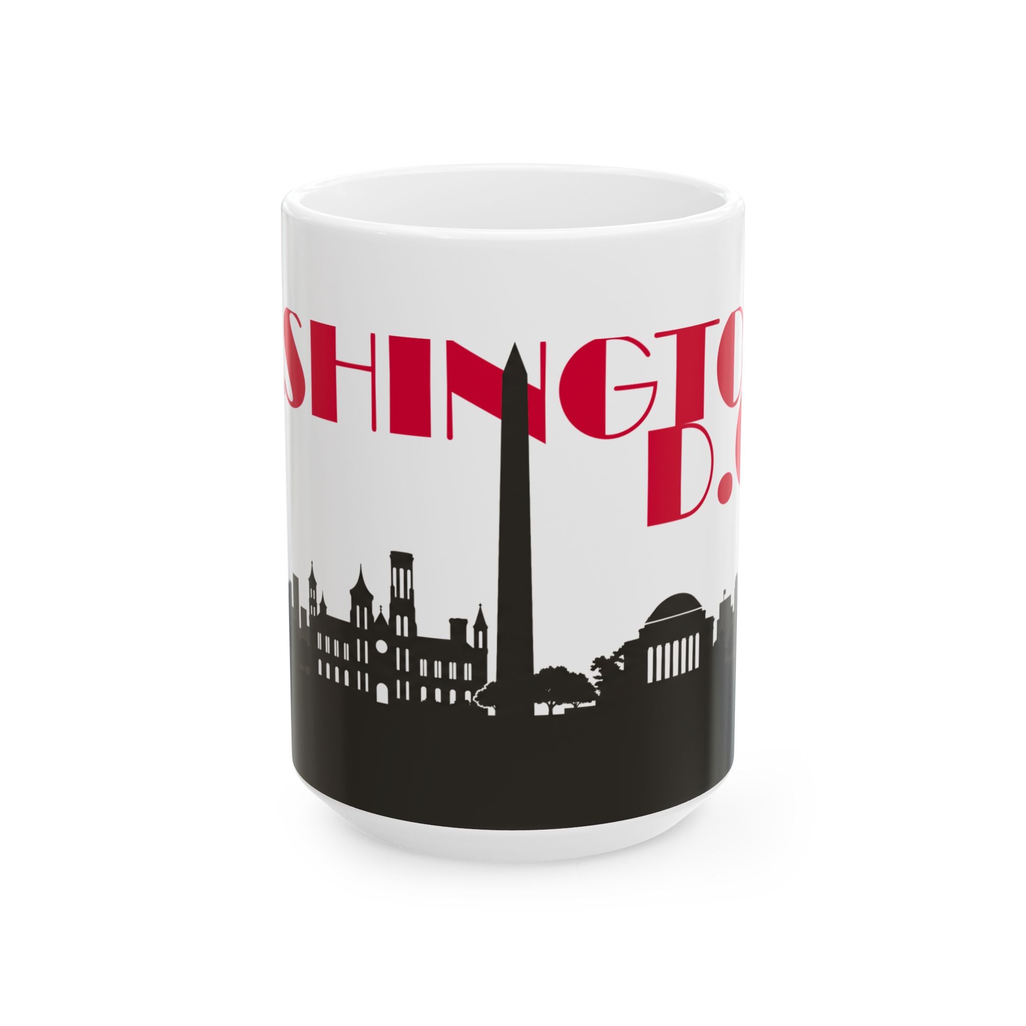 White ceramic mug with red 'D.C.' text and black D.C. skyline silhouette