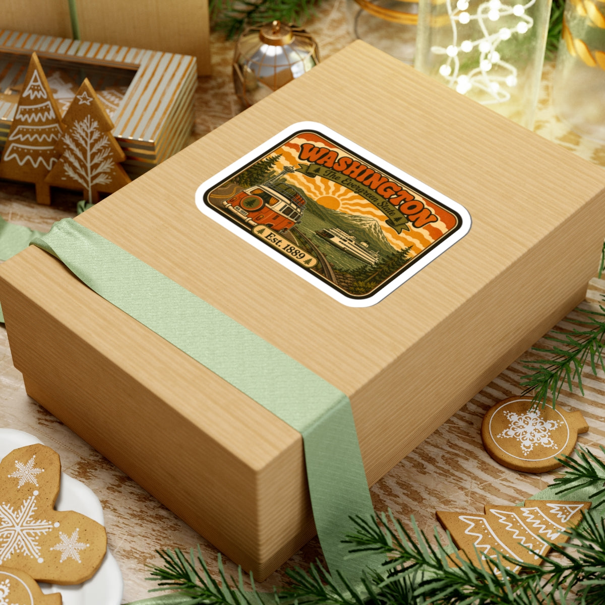 Kiss-cut Washington vintage sticker on wrapped box, white border with bus and train landscape