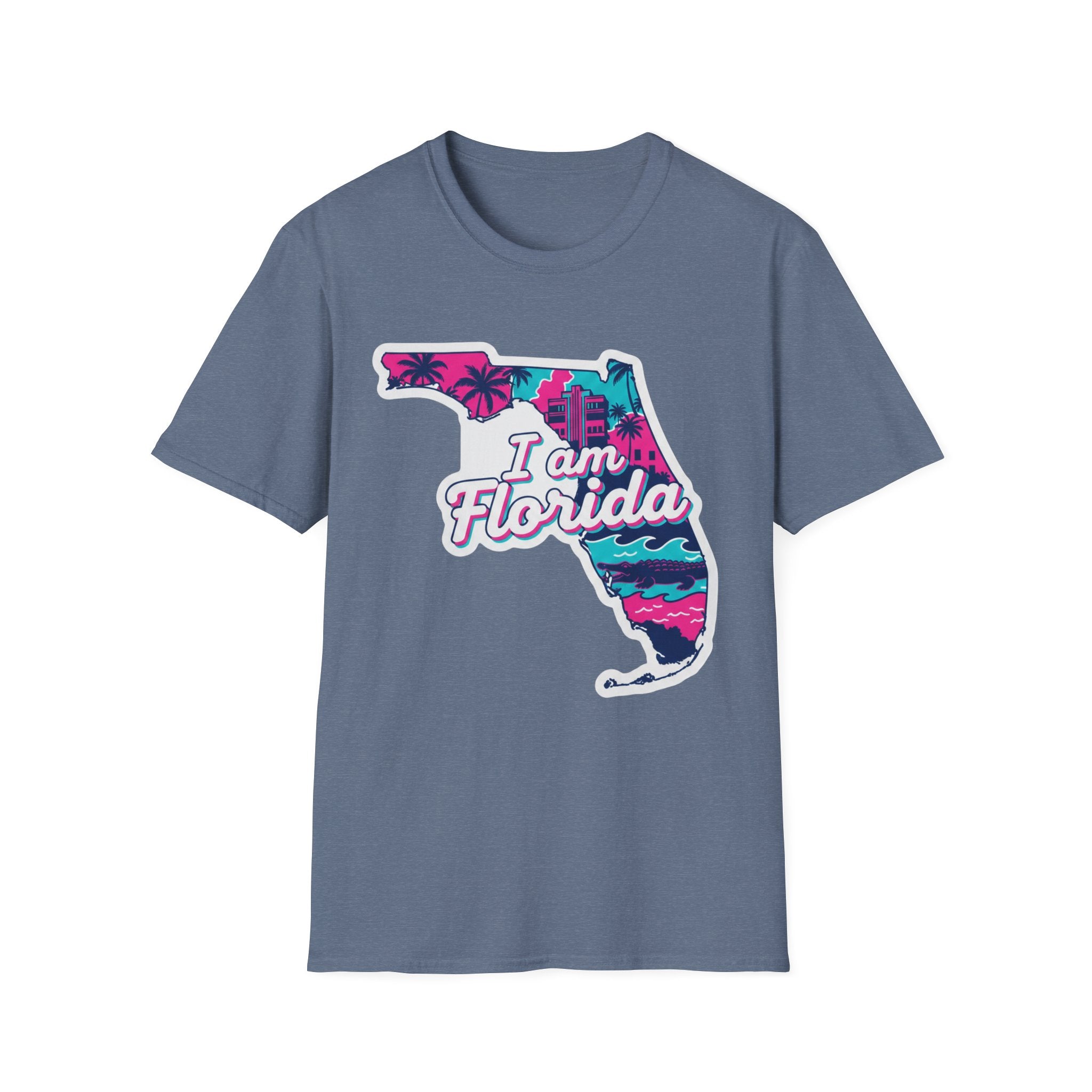 Florida T-Shirt „I am Florida“ Retro-Karte mit Palmen, Heather Indigo