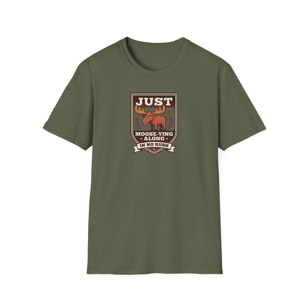 Olive green crewneck T-shirt with centered moose graphic badge on front.