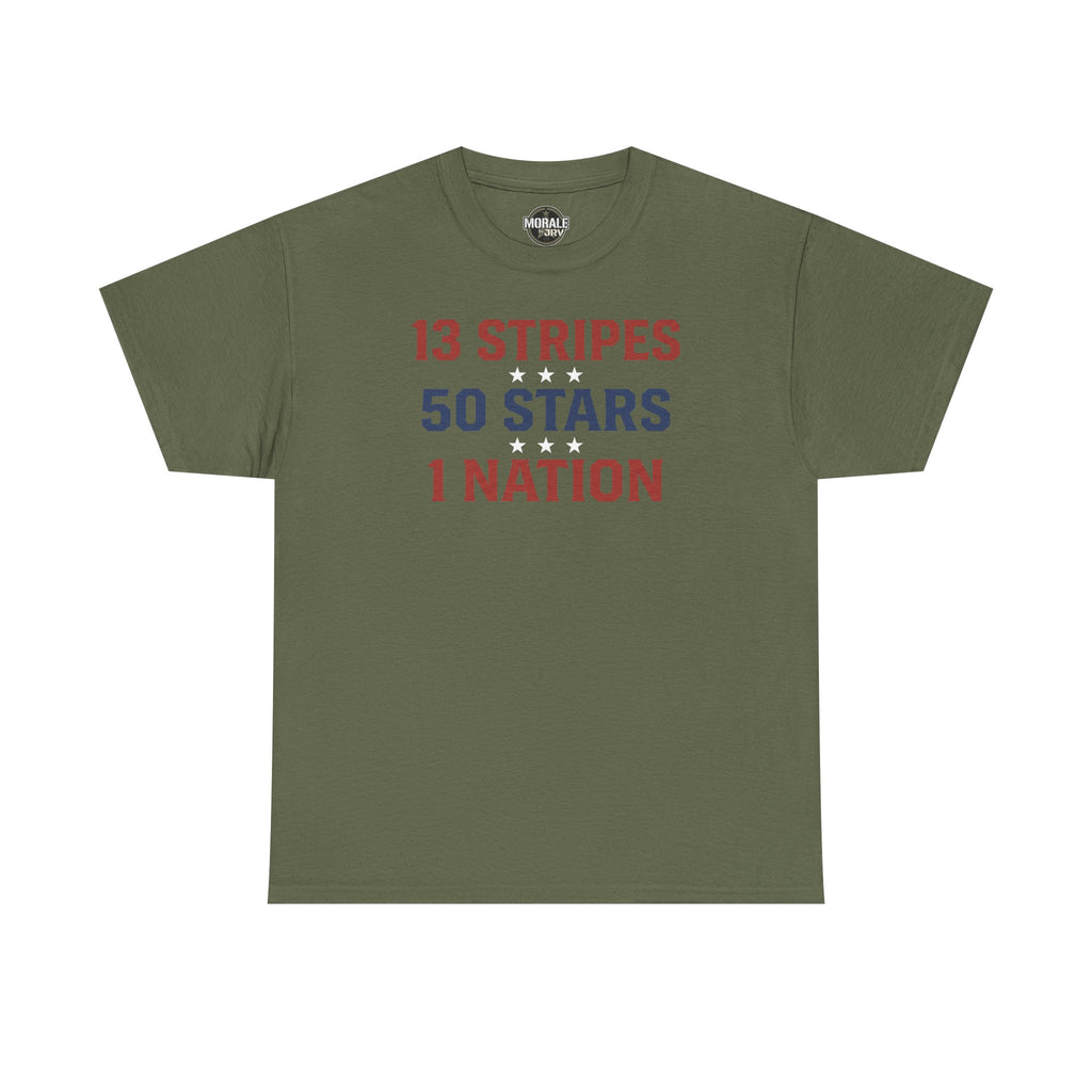 Military green crewneck T-shirt, front text '13 STRIPES 50 STARS 1 NATION'
