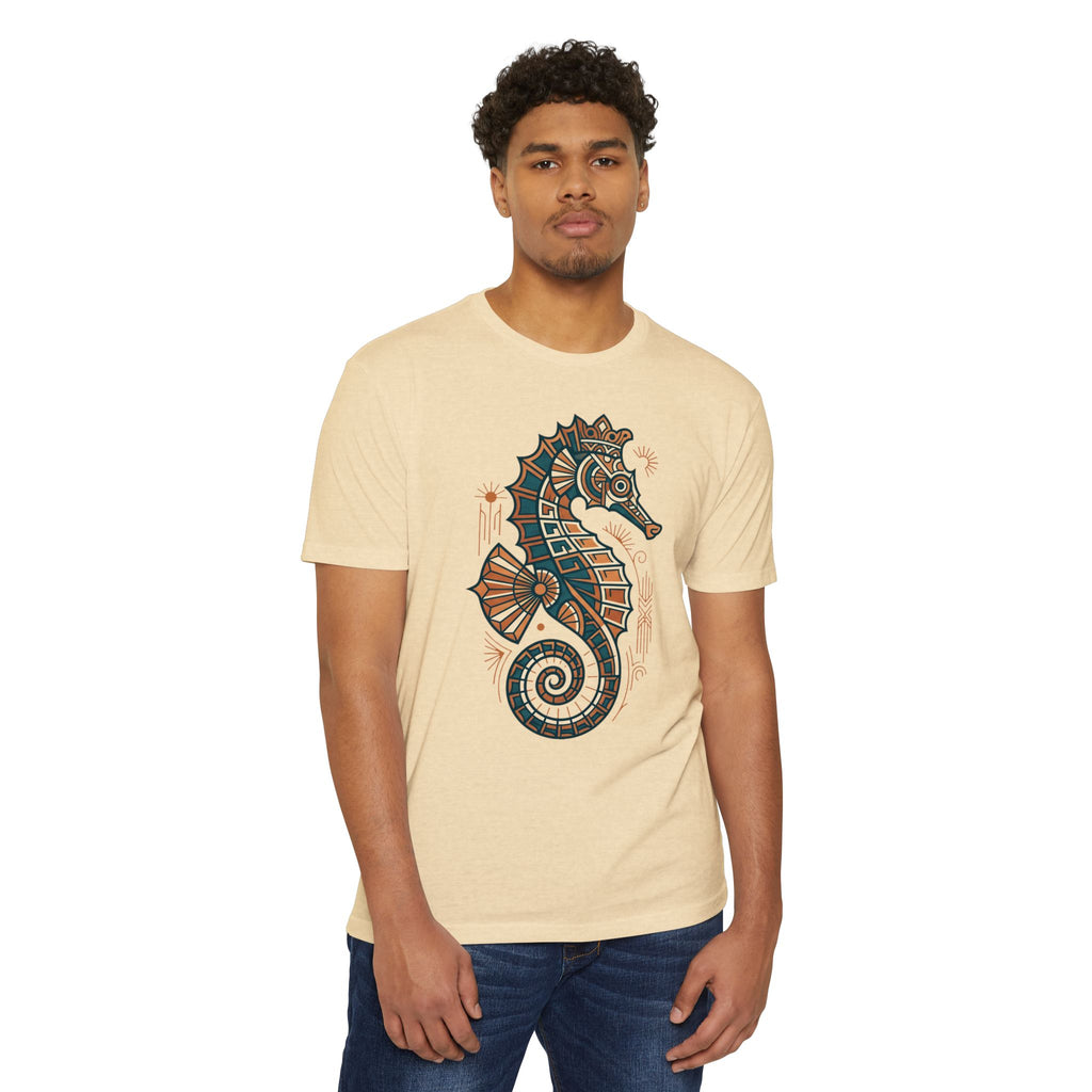 Tan unisex T-shirt with colorful seahorse mosaic graphic on the chest