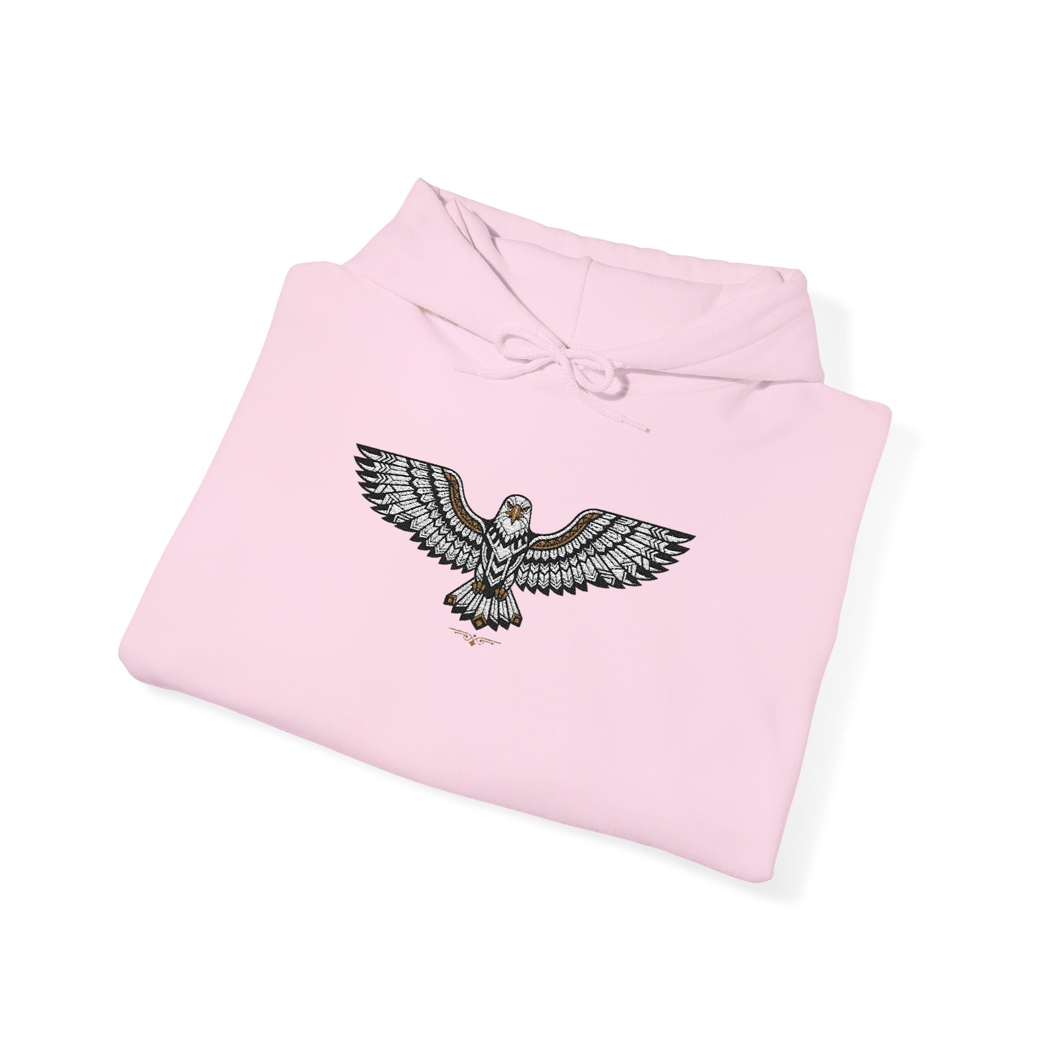 Light pink hoodie with rhinestone eagle graphic on chest and drawstring hood