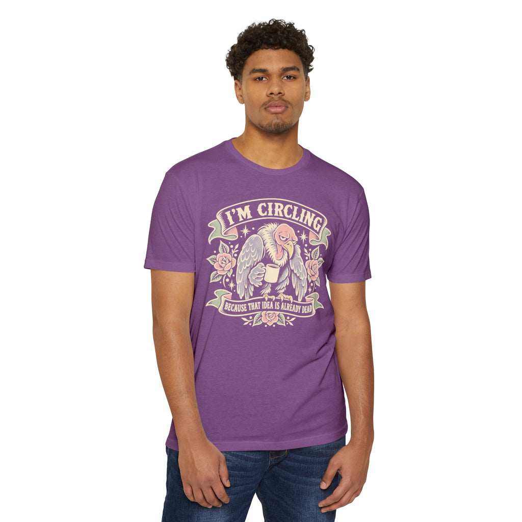 Purple graphic t-shirt with vulture illustration and 'I'm Circling' text on front