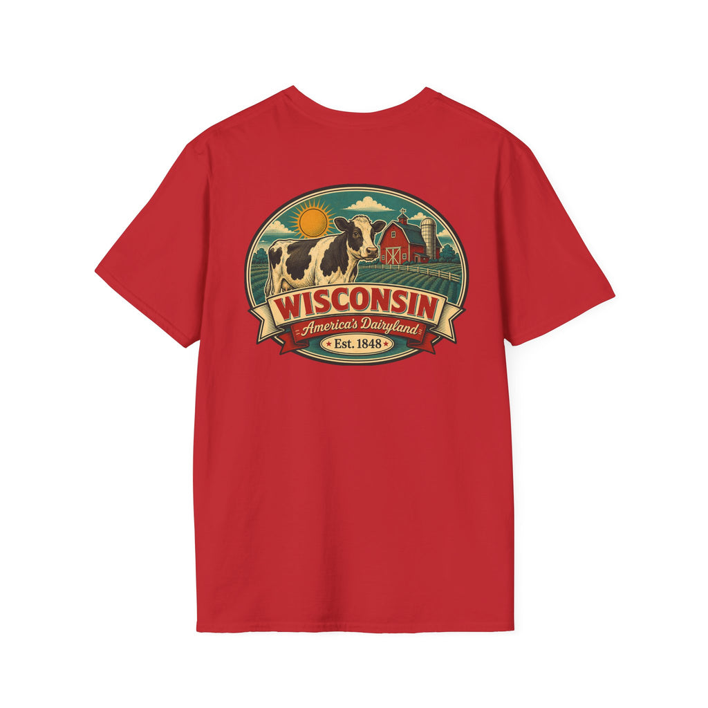 Red Wisconsin graphic t-shirt with crest logo and cow illustration.