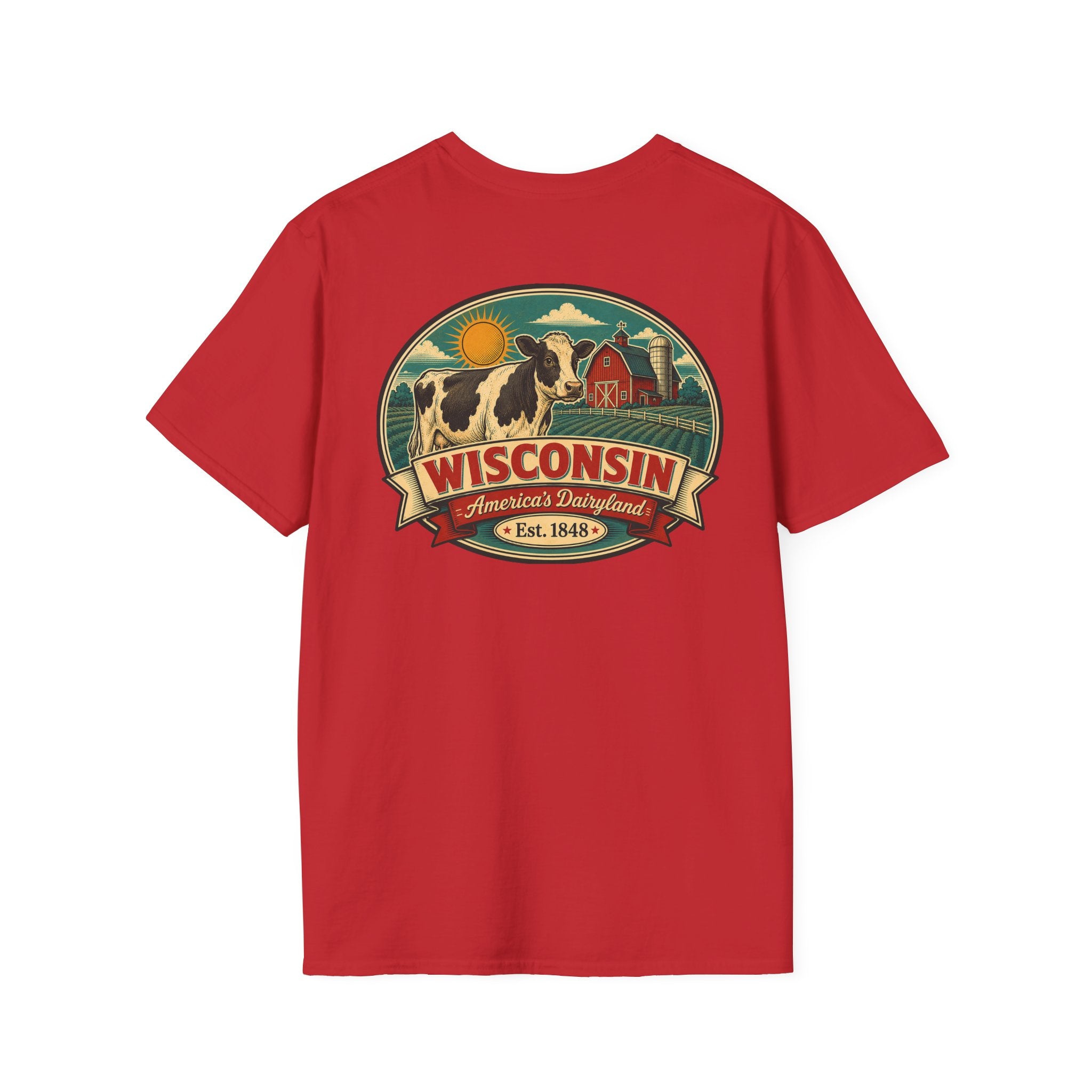 Red Wisconsin graphic t-shirt with crest logo and cow illustration.
