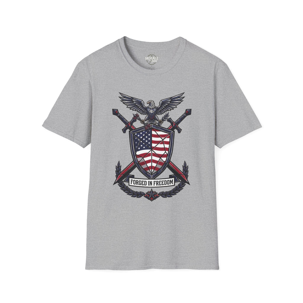 Patriotic red-white-blue graphic T-shirt on light gray, front eagle shield print