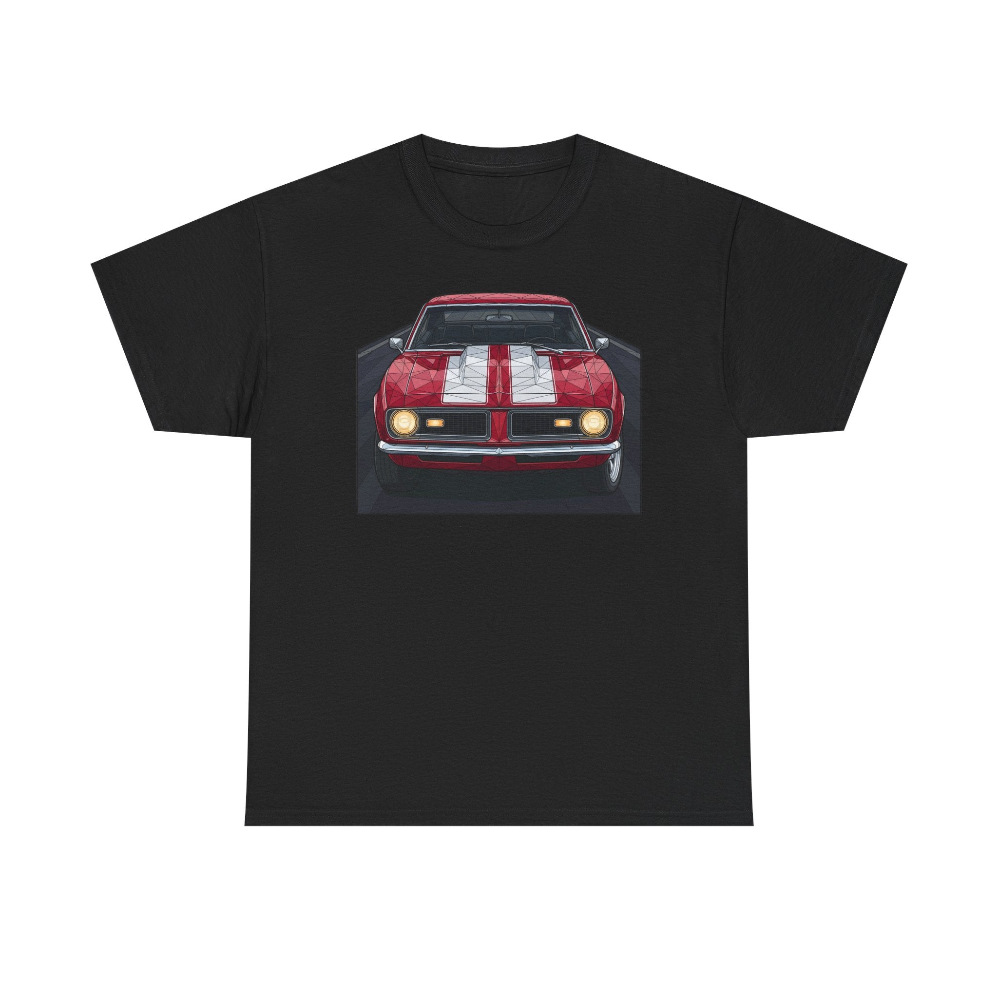 Black vintage muscle car graphic T-shirt with front view red car illustration