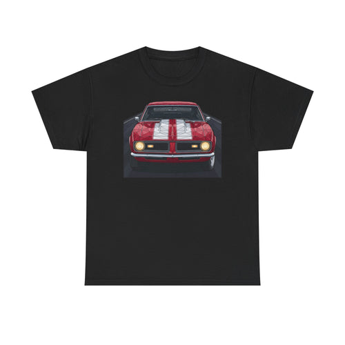 Black vintage muscle car graphic T-shirt with front view red car illustration