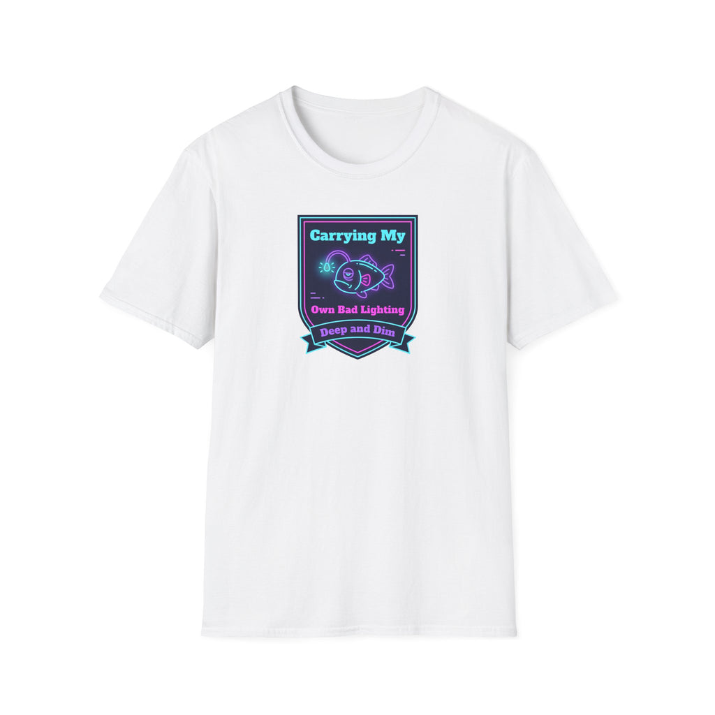 White T-shirt with centered neon anglerfish graphic and ribbon text, studio view