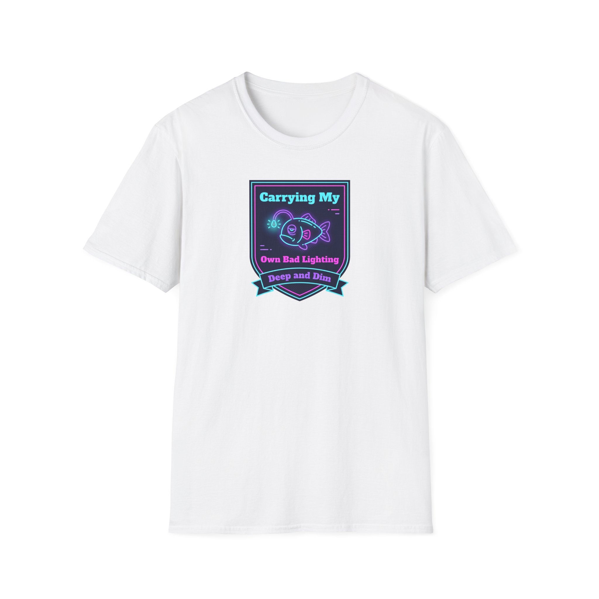 White T-shirt with centered neon anglerfish graphic and ribbon text, studio view