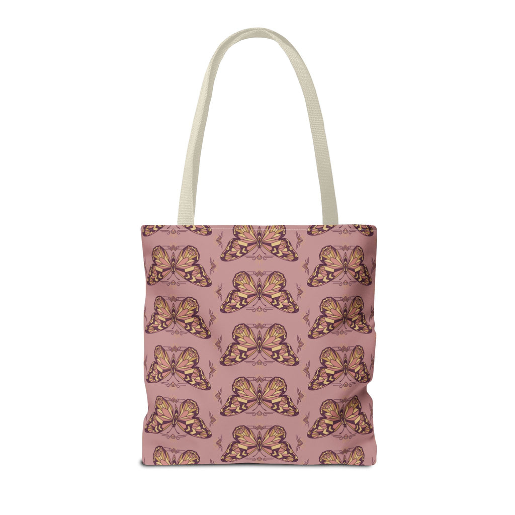 Pink tote bag with all-over vintage butterfly pattern and light beige handles