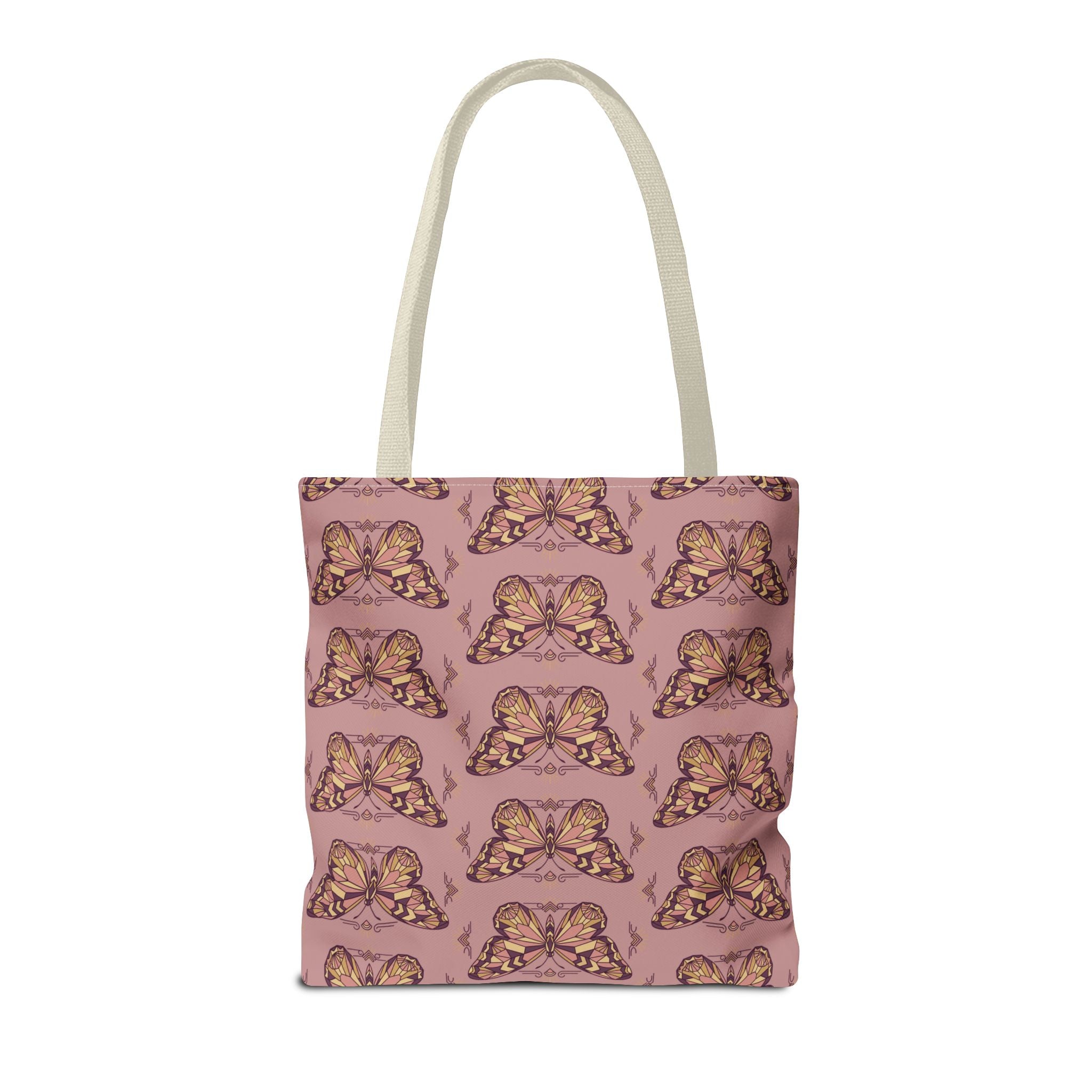 Pink tote bag with all-over vintage butterfly pattern and light beige handles