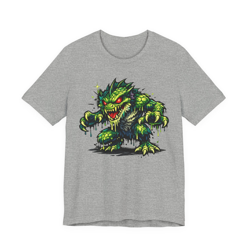 Heather gray T-shirt with green swamp monster illustration graphic on front
