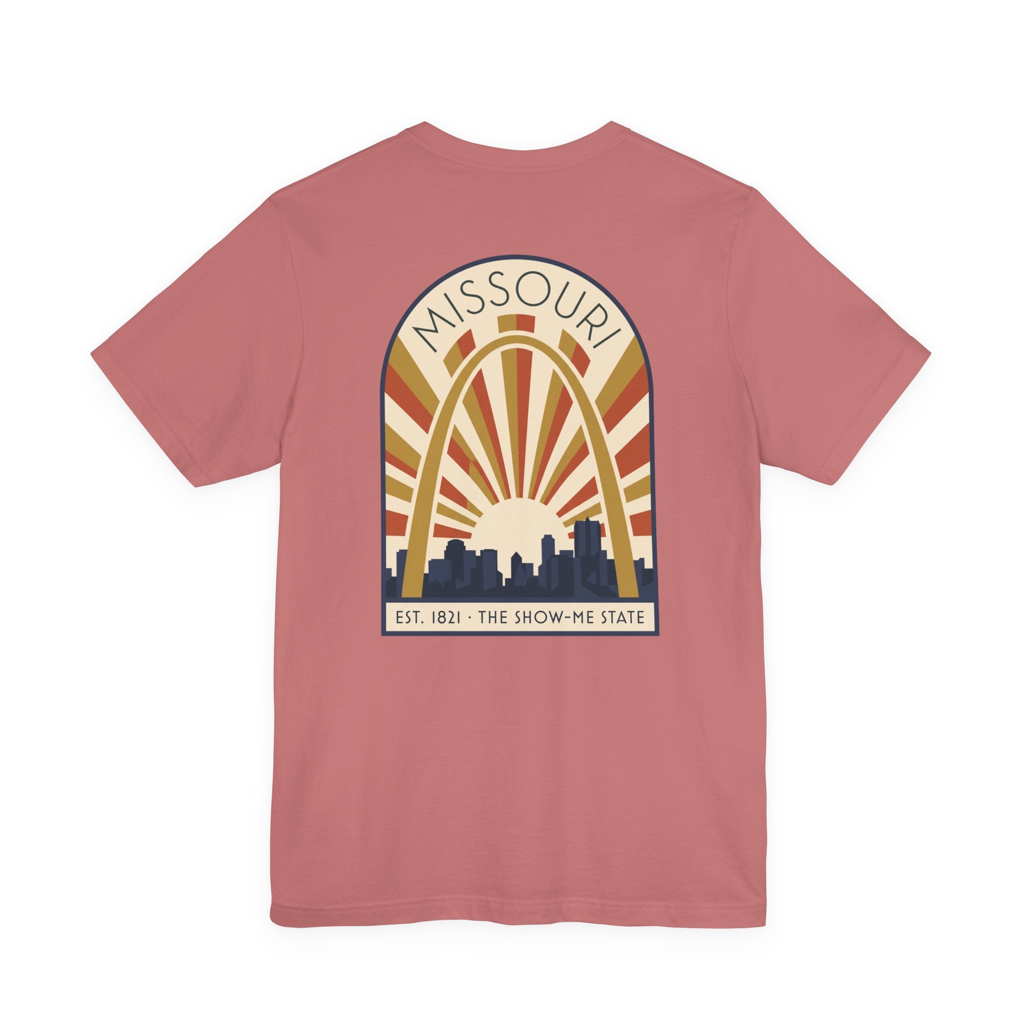 Rose Missouri sunrise art deco T-shirt with arch skyline graphic and “MISSOURI” text.